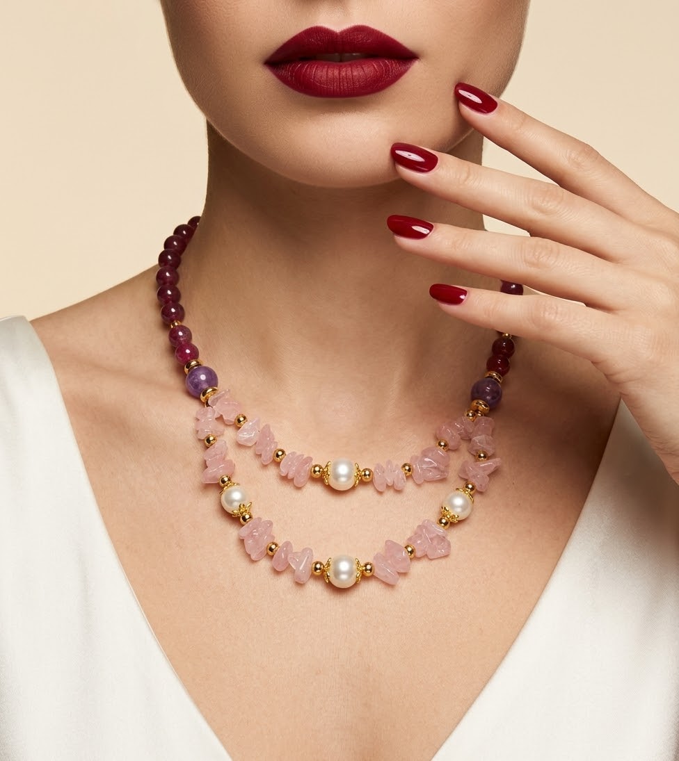A close-up of a model wearing a double-strand necklace featuring pink stone chips, white pearls, and purple beads with gold spacer accents, styled with deep red lipstick and nail polish against a warm beige background.