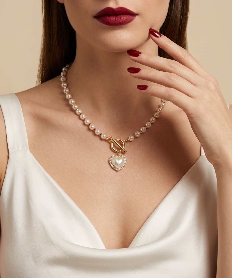 A close-up of a model wearing a pearl necklace with a gold toggle clasp and a heart-shaped pearl pendant, paired with a white satin top.