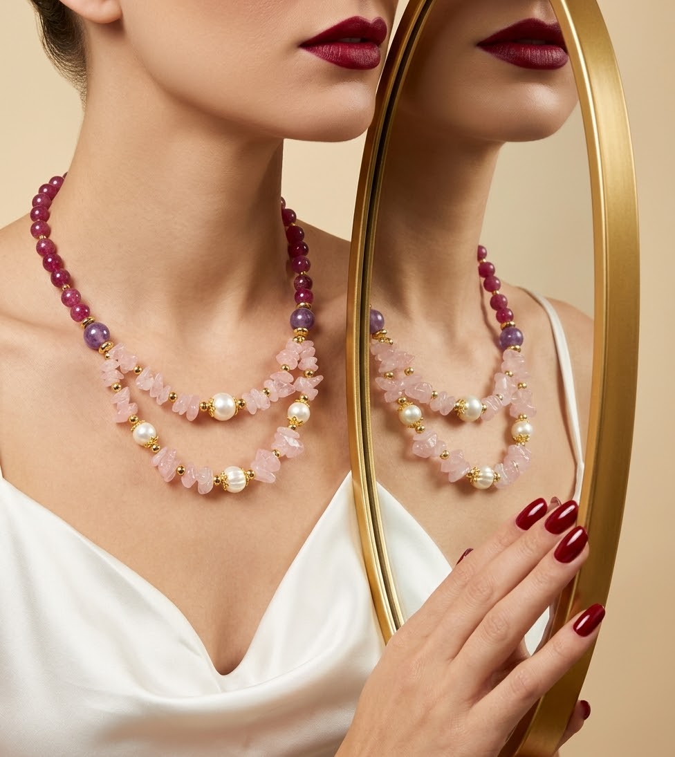 A close-up of a model wearing a multi-strand statement necklace made of pink rose quartz chips, white pearls, and purple amethyst beads, with gold spacer beads. A gold-framed mirror reflects the model's face and hand against a warm beige background.