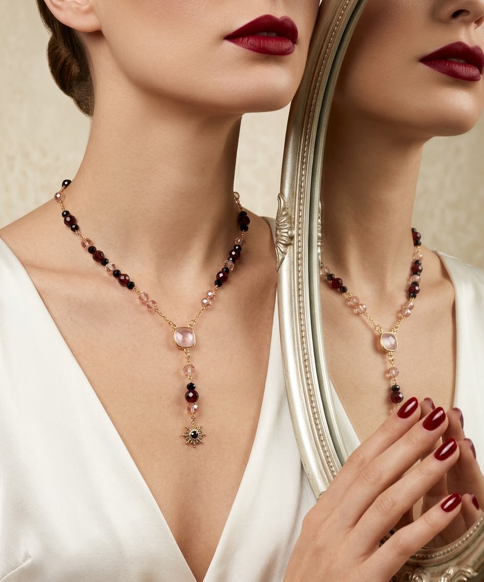 A close-up of a woman wearing a delicate gold necklace with dark red, pink, and clear beads, with her reflection visible in an ornate mirror.