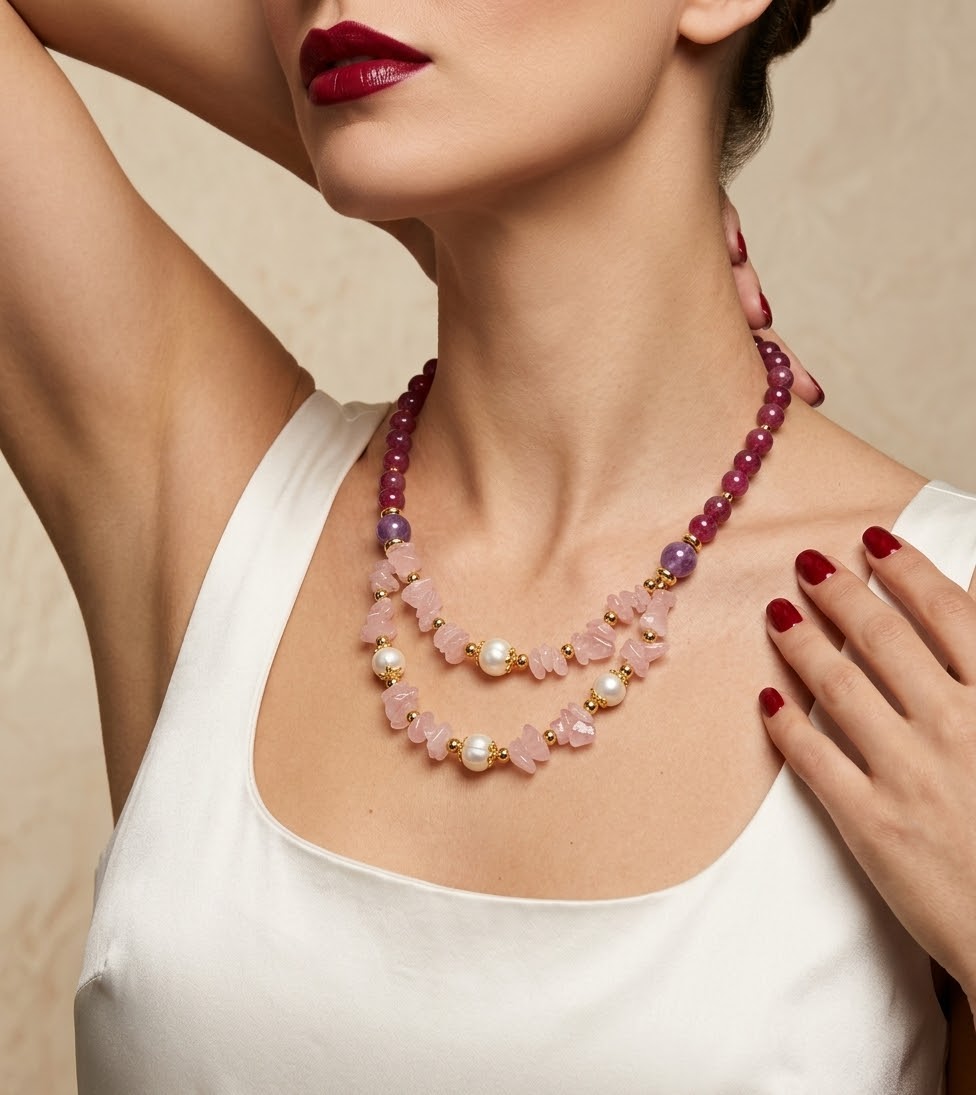 A close-up of a model wearing a double-strand statement necklace featuring pink stone beads, white pearl-like beads, and purple amethyst beads, styled with gold spacer rings.