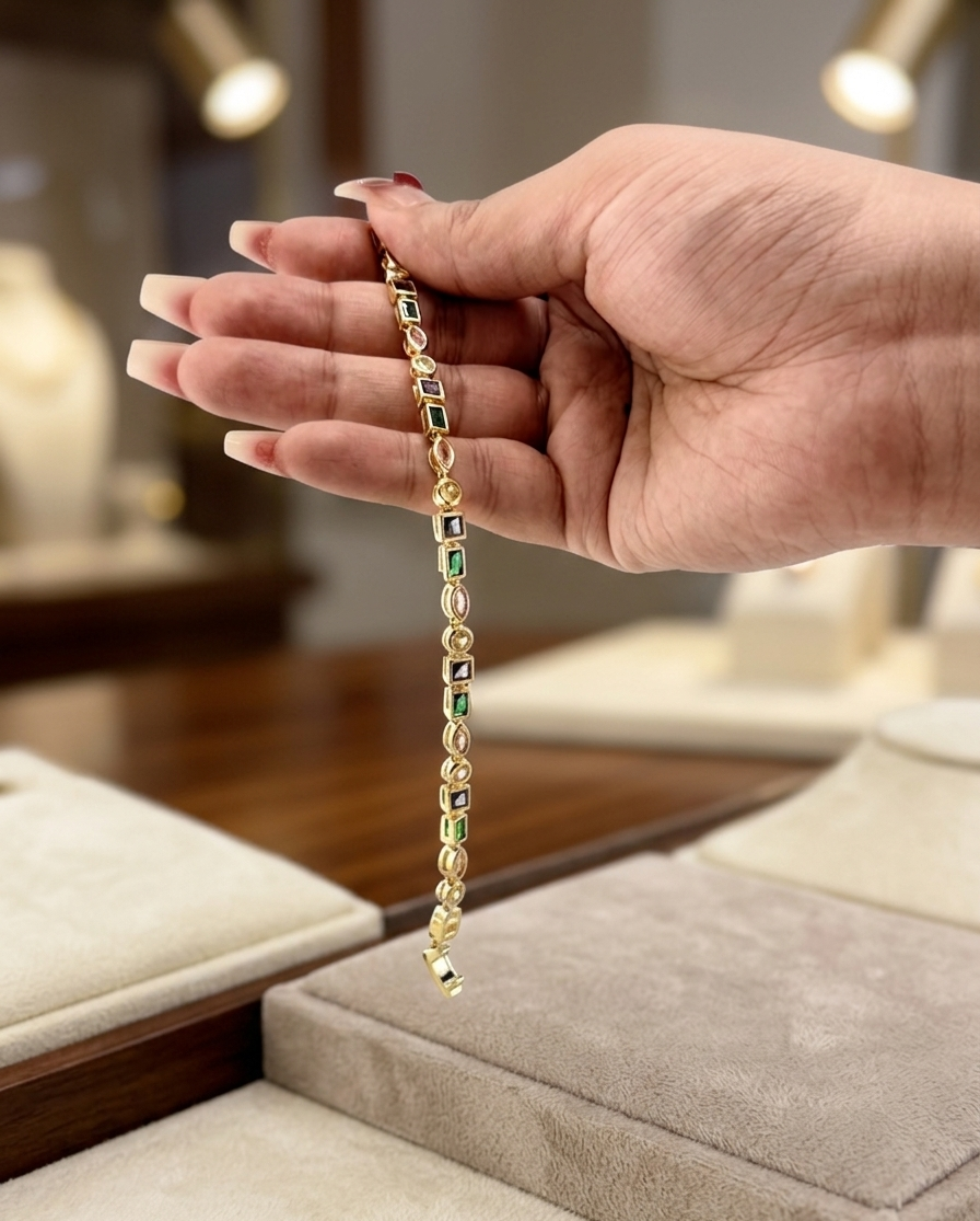 Hand holding a gold bracelet with green gemstones on a blurred jewelry store background