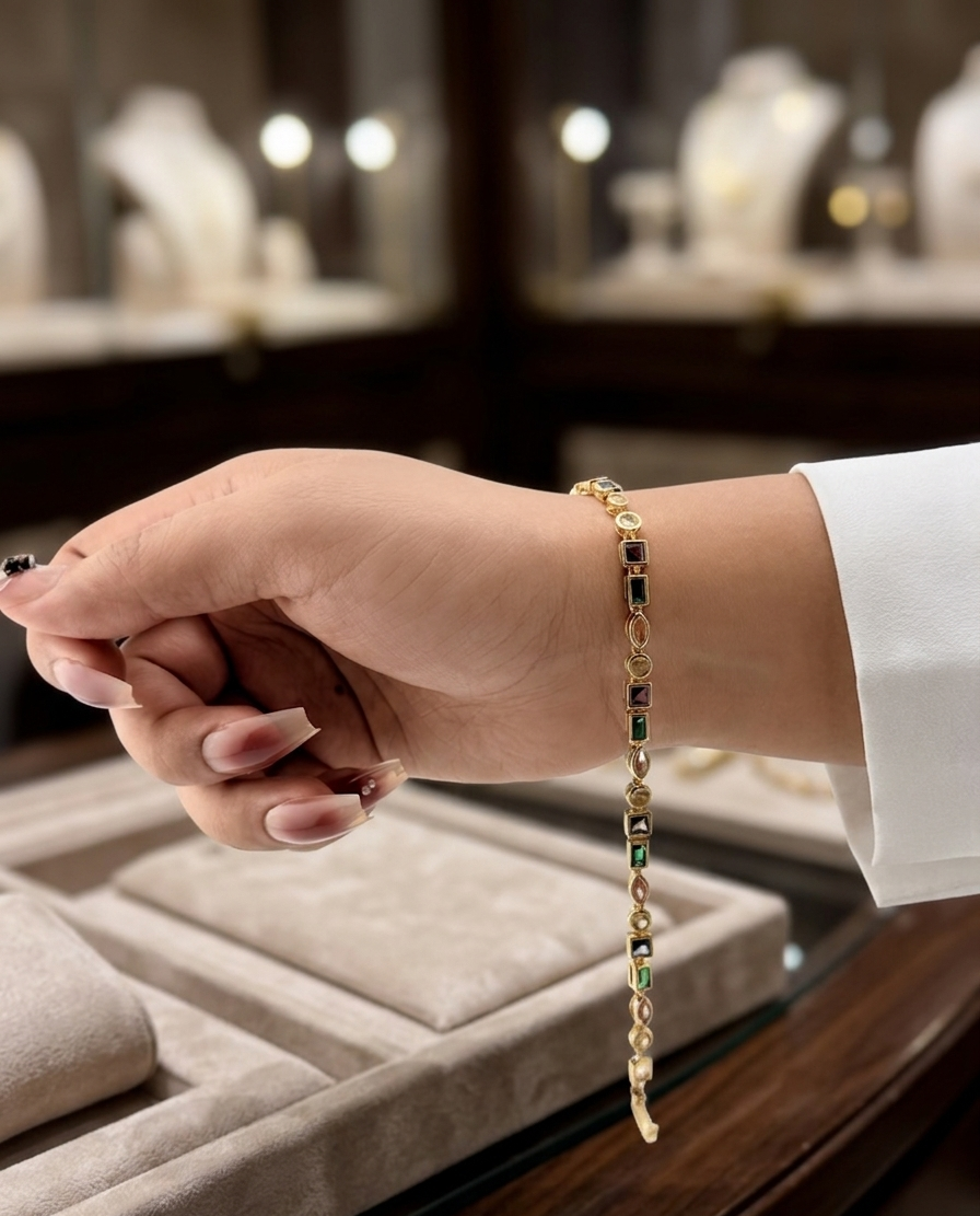 Hand wearing a gold bracelet with green gemstones in a jewelry store setting