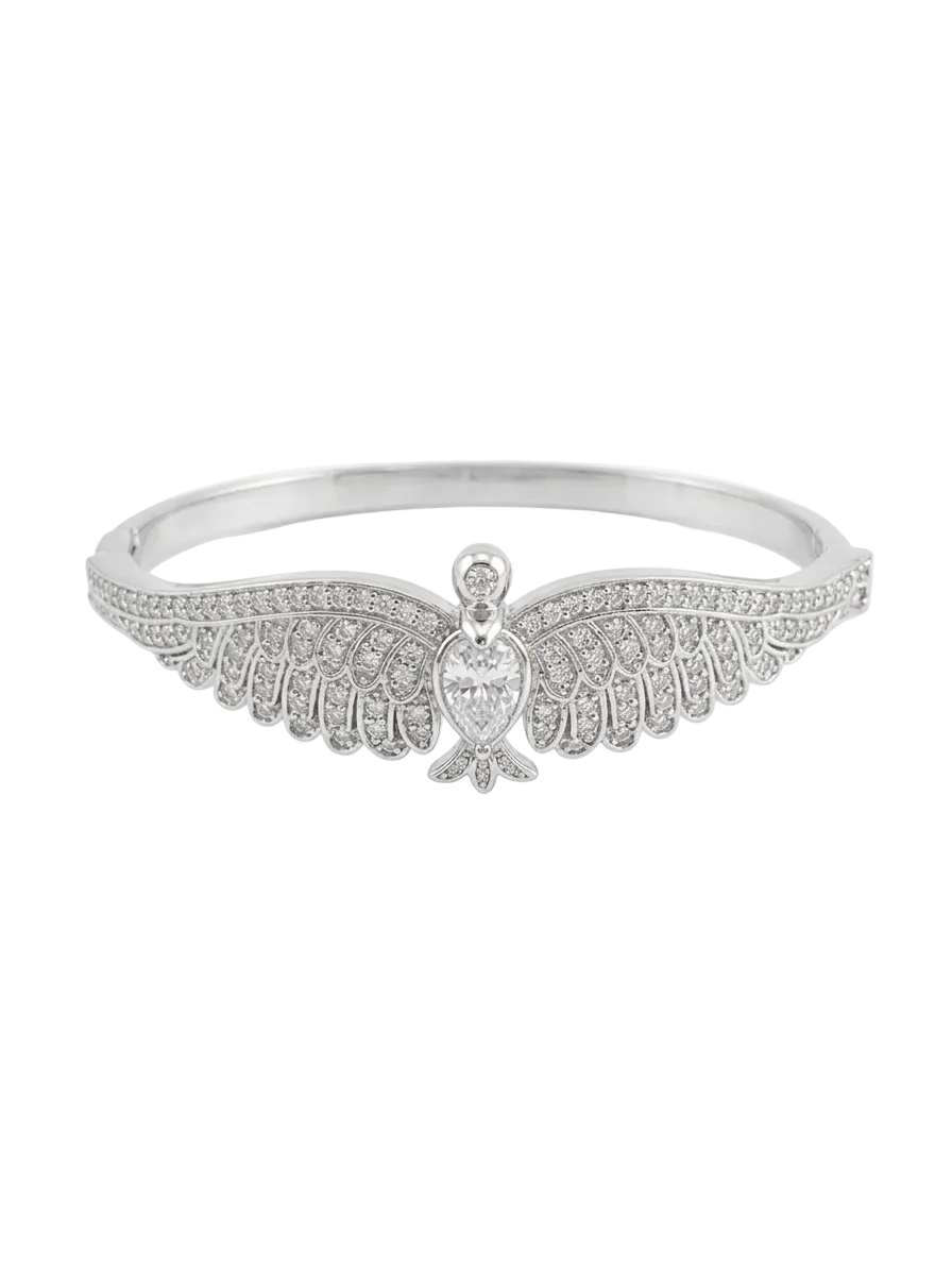 Silver bracelet with angel wing design on a white background