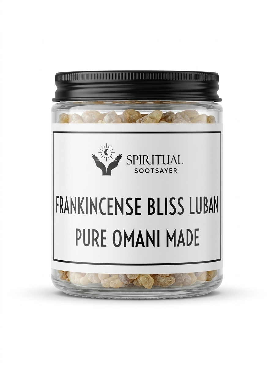 Jar of frankincense resin with a label on a white background