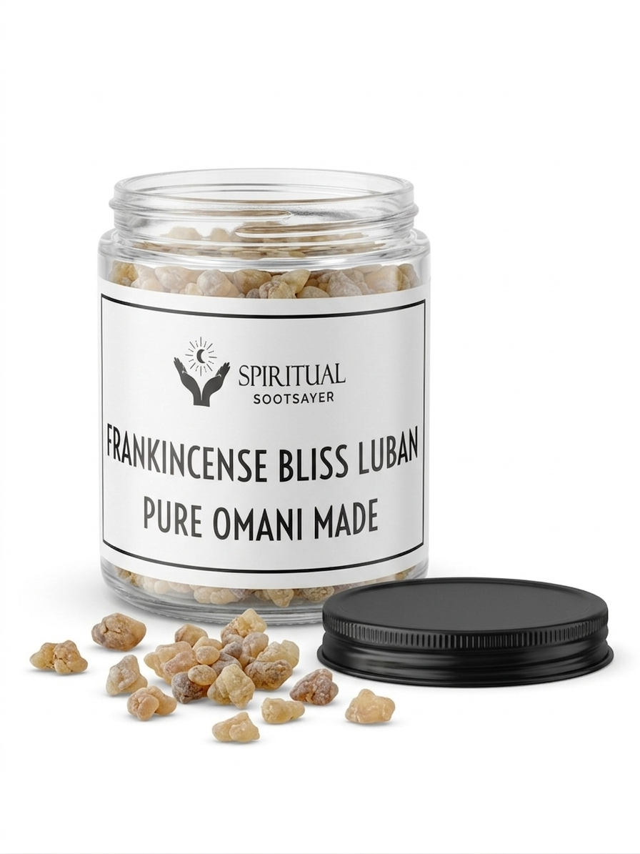 Jar of frankincense resin with a label on a white background