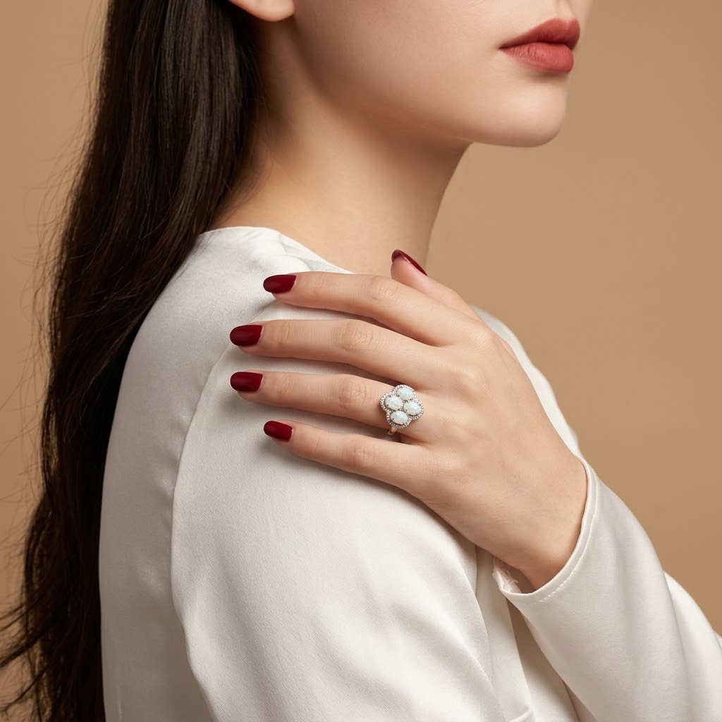 A close-up lifestyle shot of a woman wearing a silver ring with a cluster of white pearls on her finger, resting her hand on her shoulder. She is wearing a white satin blouse against a warm beige background.