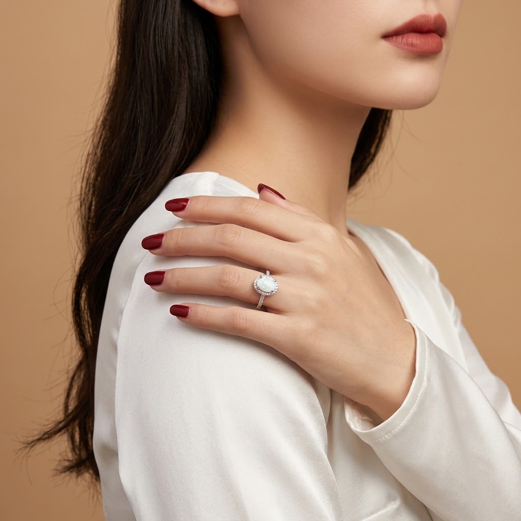A close-up lifestyle shot of a woman wearing a silver ring with a white cabochon gemstone on her hand, which is resting on her shoulder. She is wearing a white long-sleeve top against a solid warm beige background.