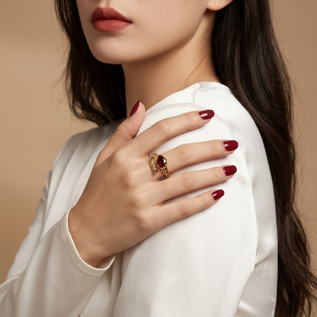 A close-up lifestyle shot of a woman wearing a gold crescent moon ring with a red gemstone, resting her hand on her shoulder.