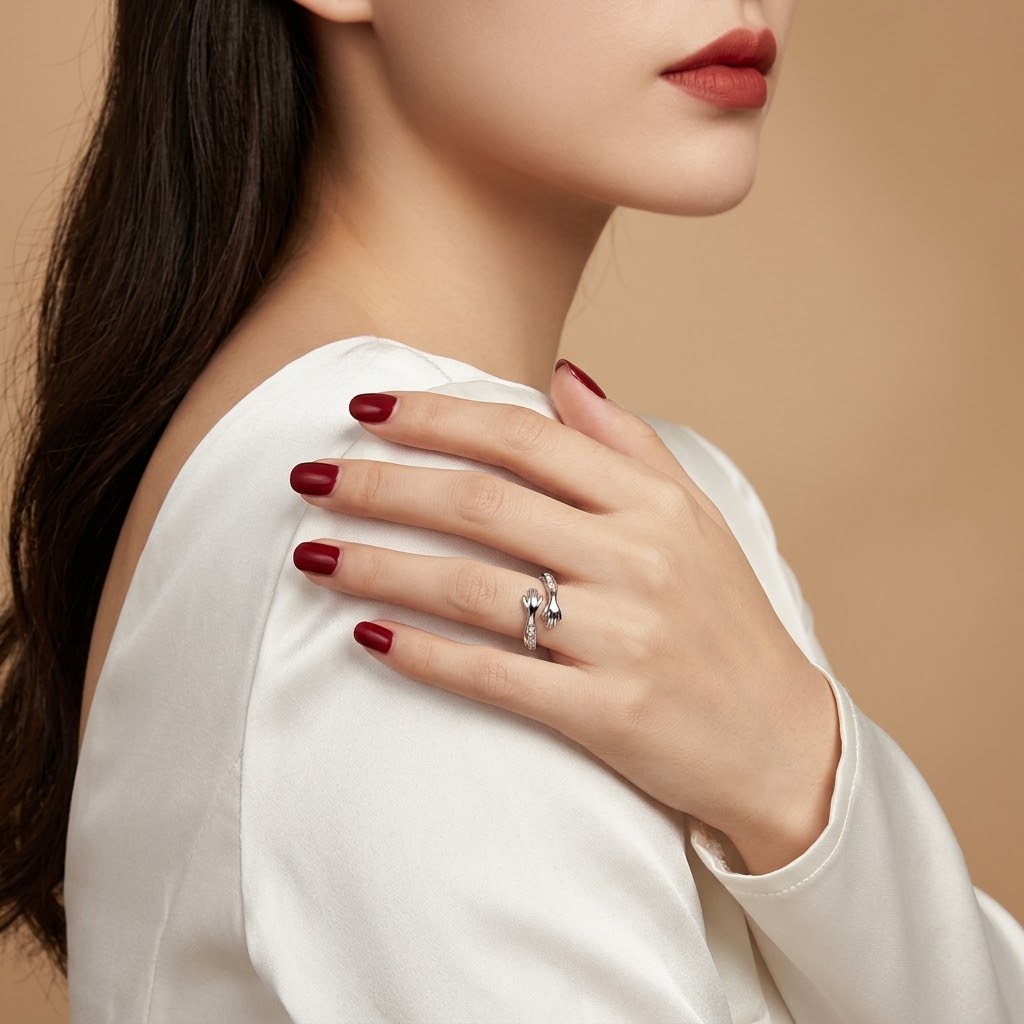 A close-up lifestyle shot of a model wearing a silver ring with two interlocking curved bar details on her ring finger. She is wearing a white satin top and has dark red manicured nails, set against a solid warm beige background.