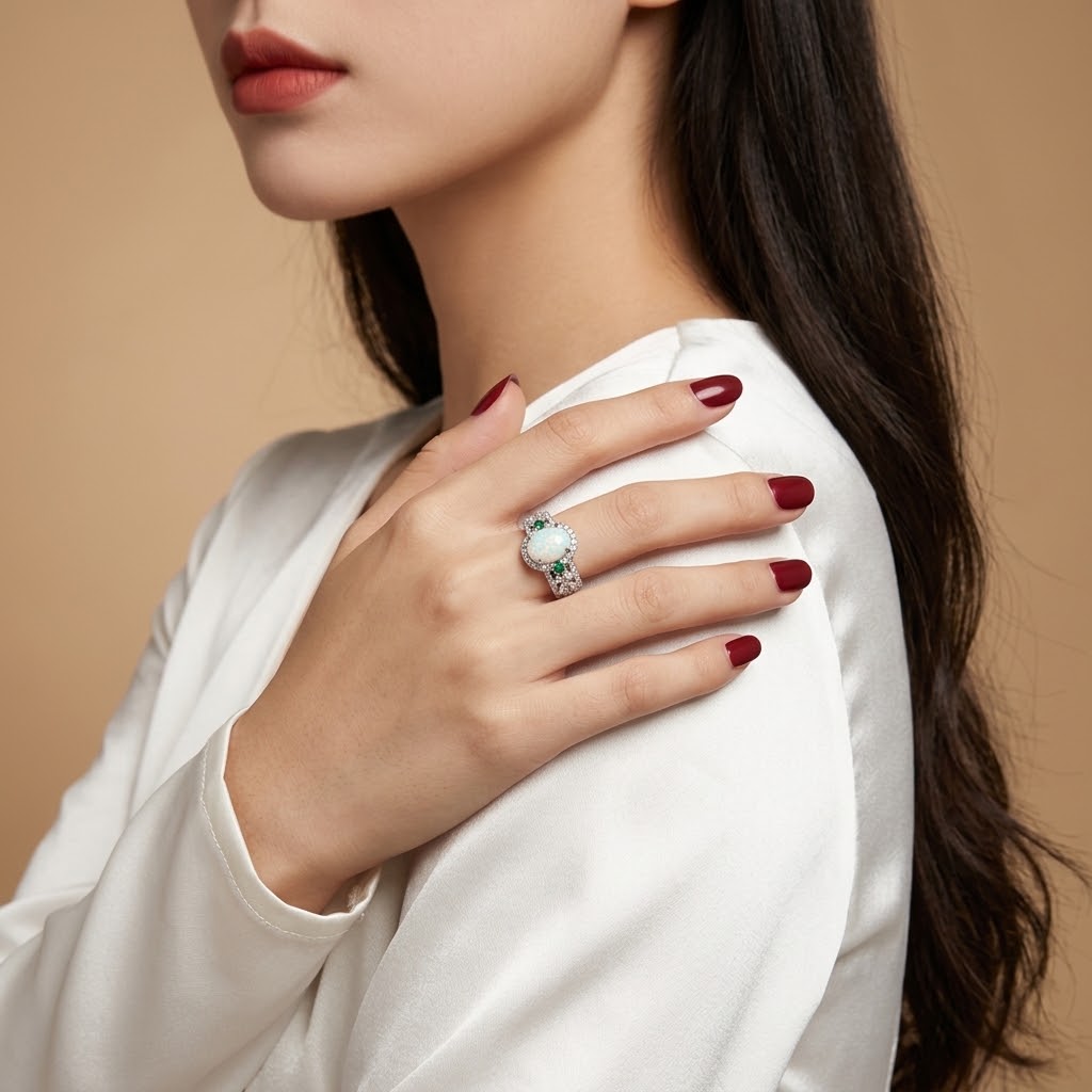 A close-up lifestyle shot of a woman wearing a silver ring with a green and white stone cluster, styled with dark red nail polish and a white satin top against a warm beige background.