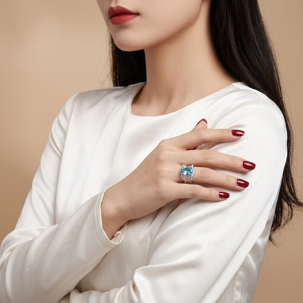 A close-up of a woman wearing a silver ring with a round blue gemstone, styled with a white satin long-sleeve top and dark red manicured nails against a soft beige background.
