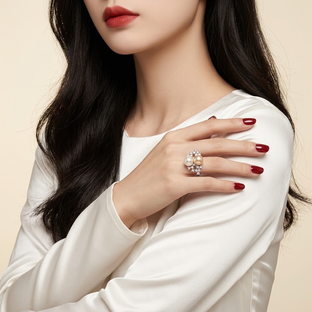 A close-up of a woman wearing a statement ring on her hand, styled with a white satin top and dark red nail polish against a soft beige background.
