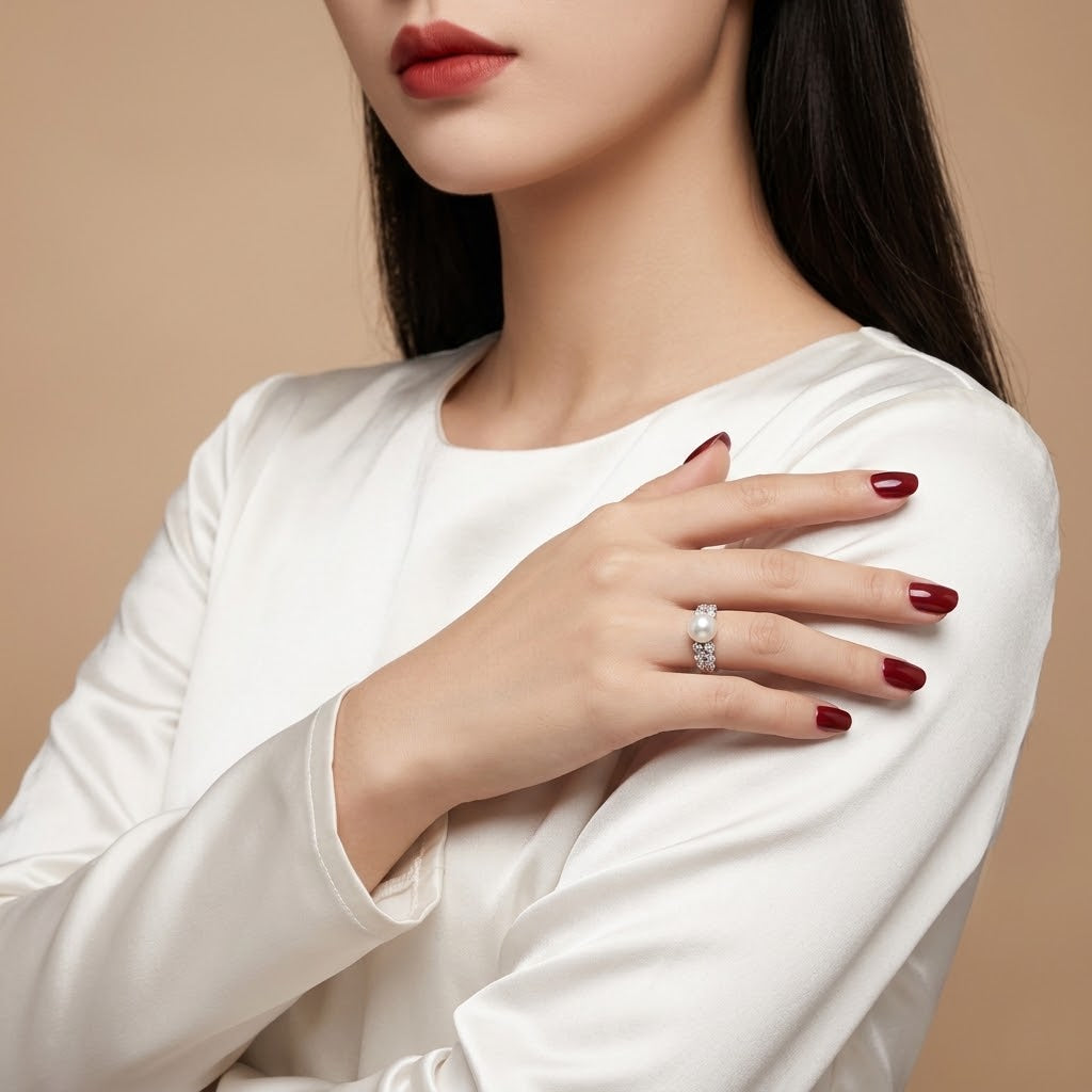 A close-up of a woman wearing a silver ring with clear gemstones on her ring finger, paired with a white satin long-sleeve top and dark red nail polish against a warm beige background.