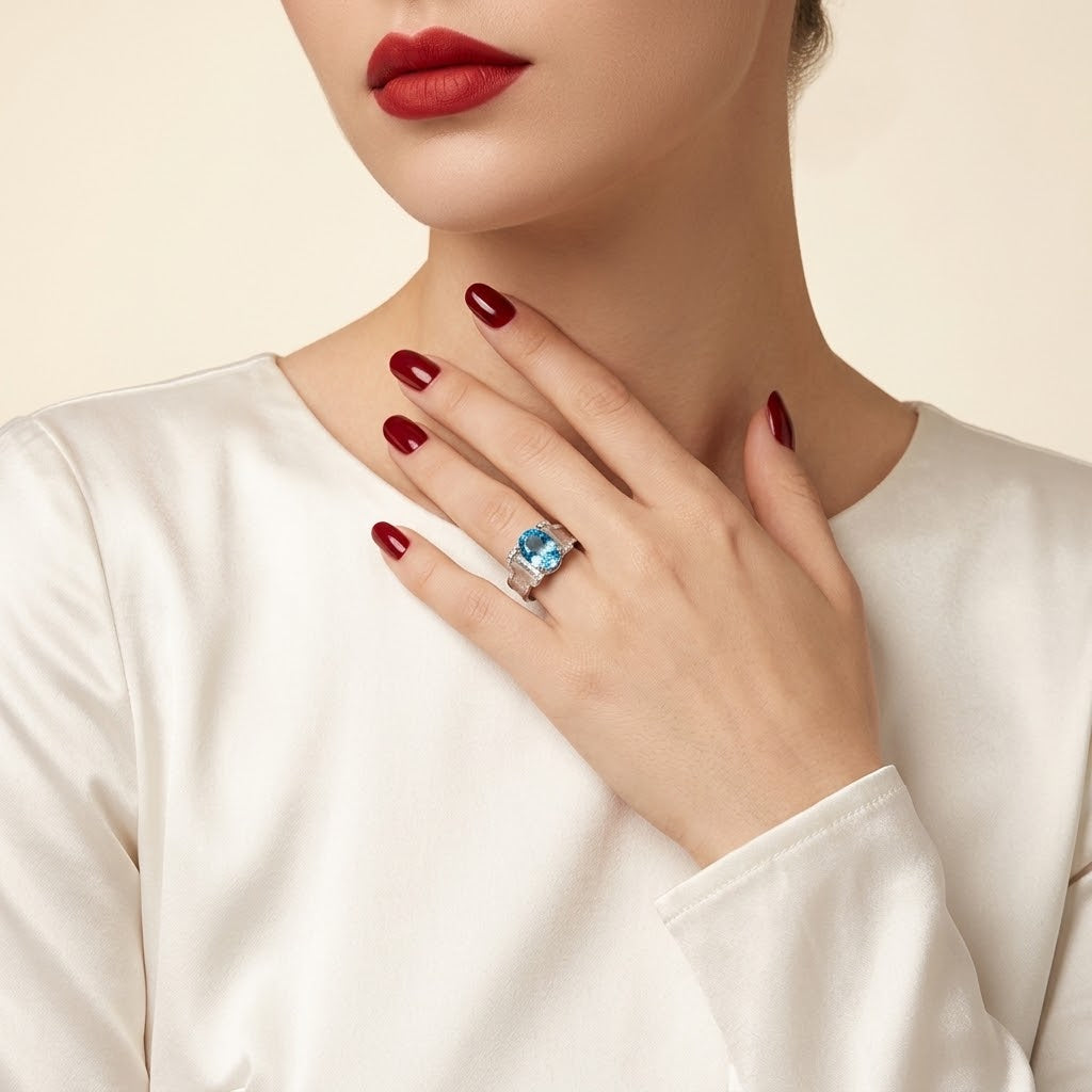 A close-up of a model wearing a silver ring with a blue gemstone, styled with a white satin top and dark red nail polish against a warm beige background.