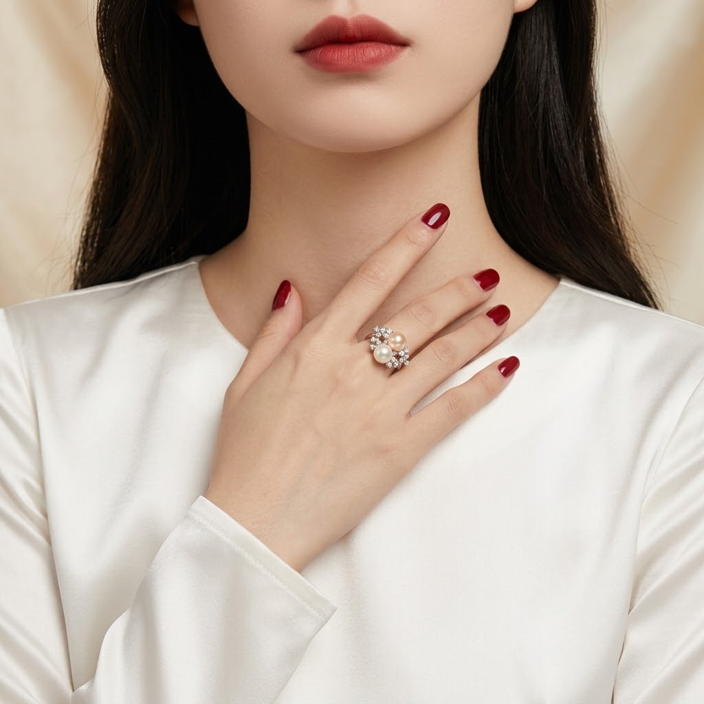 A close-up of a woman wearing a sparkling floral cluster ring on her finger, with her hand resting on her chest. She is wearing a white satin top and has dark red manicured nails, set against a soft beige background.