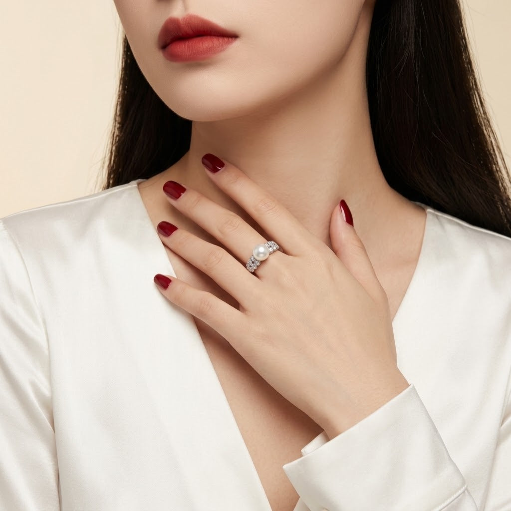 A close-up of a woman wearing a silver ring with a cluster of clear stones on her finger, styled with dark red nail polish and a white satin top against a soft beige background.