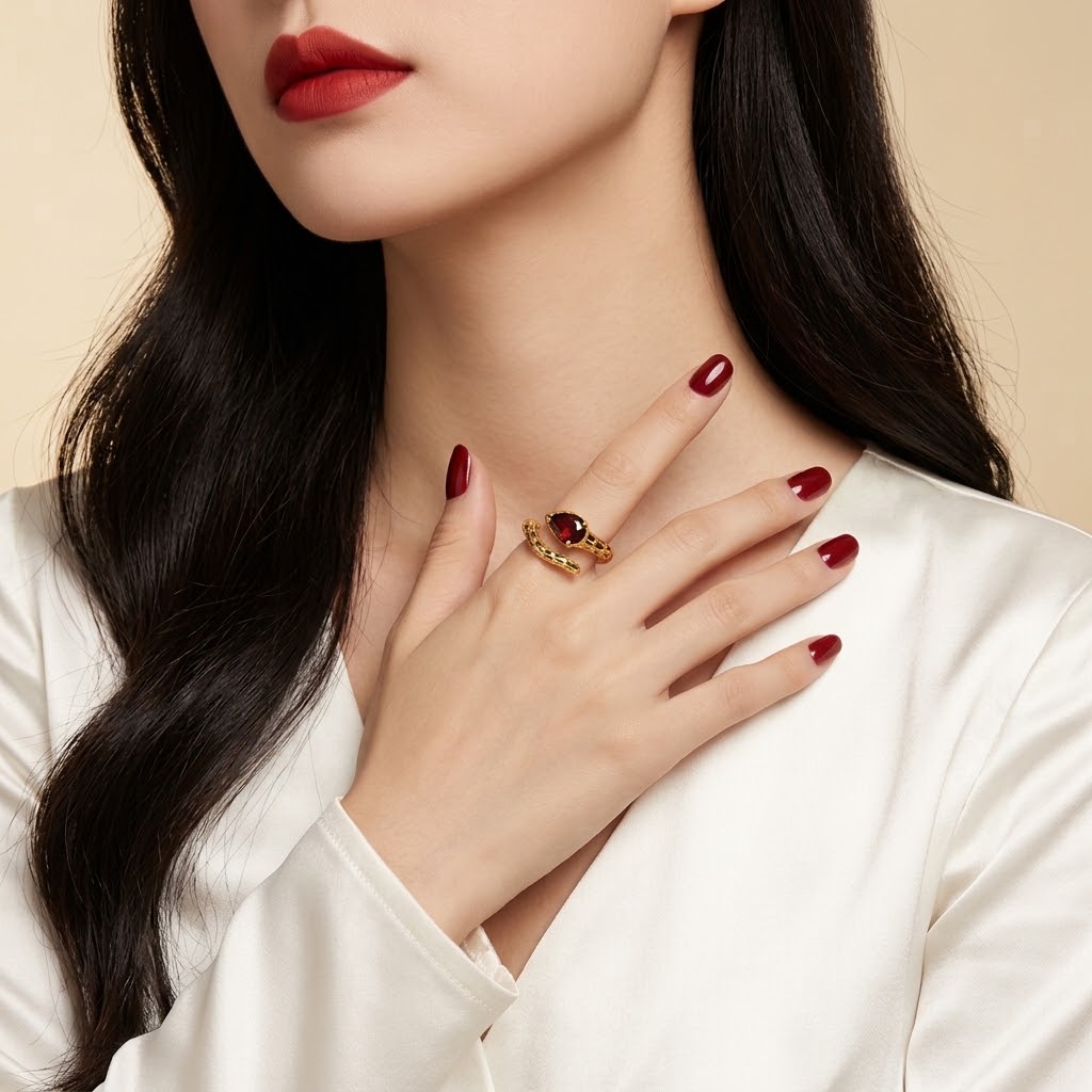 A close-up of a woman wearing a gold ring with a red oval gemstone on her finger, styled with dark red nail polish and a white satin top against a warm beige background.