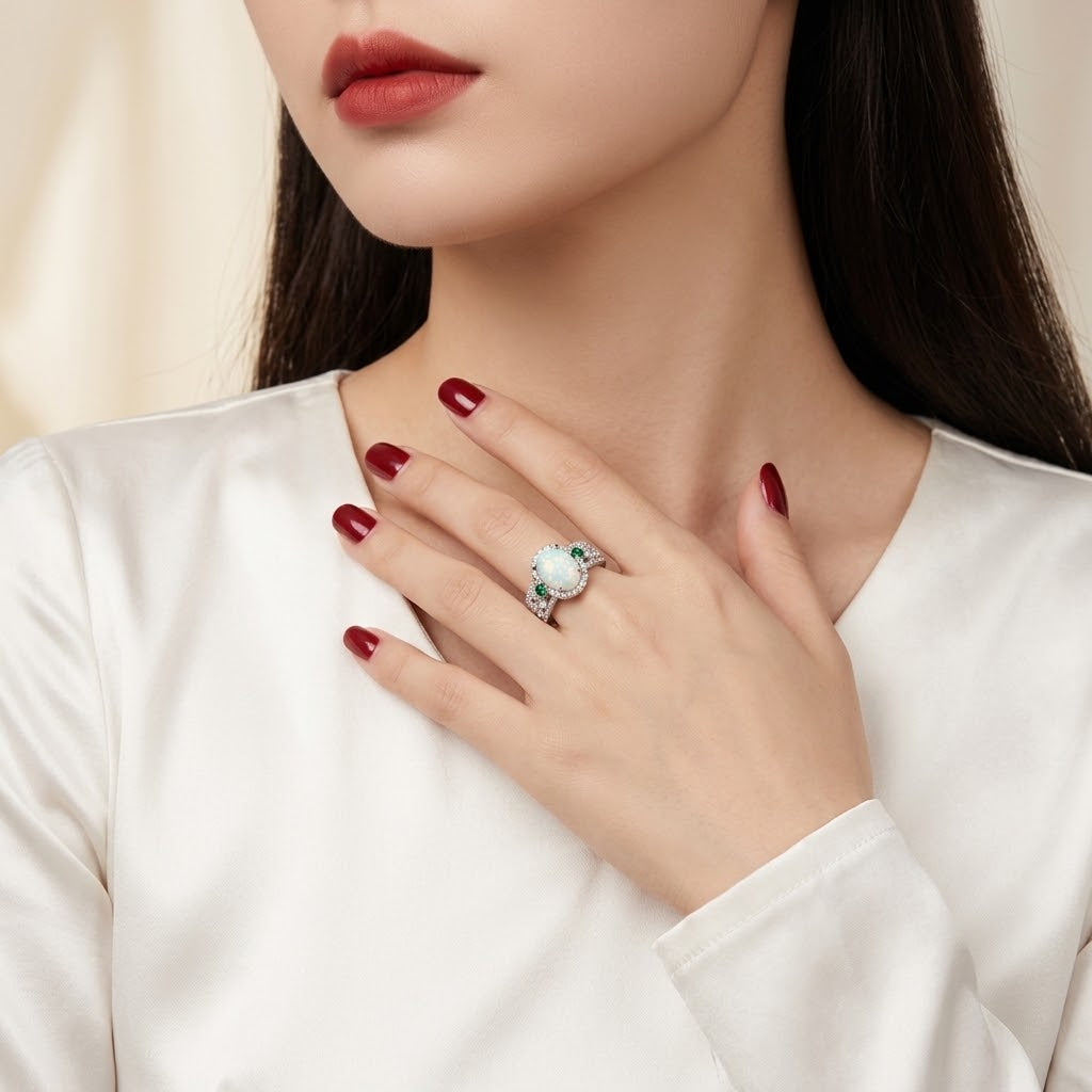 A close-up of a woman wearing a silver ring with a large oval white stone and small green accents, styled with dark red nail polish and a white satin top.