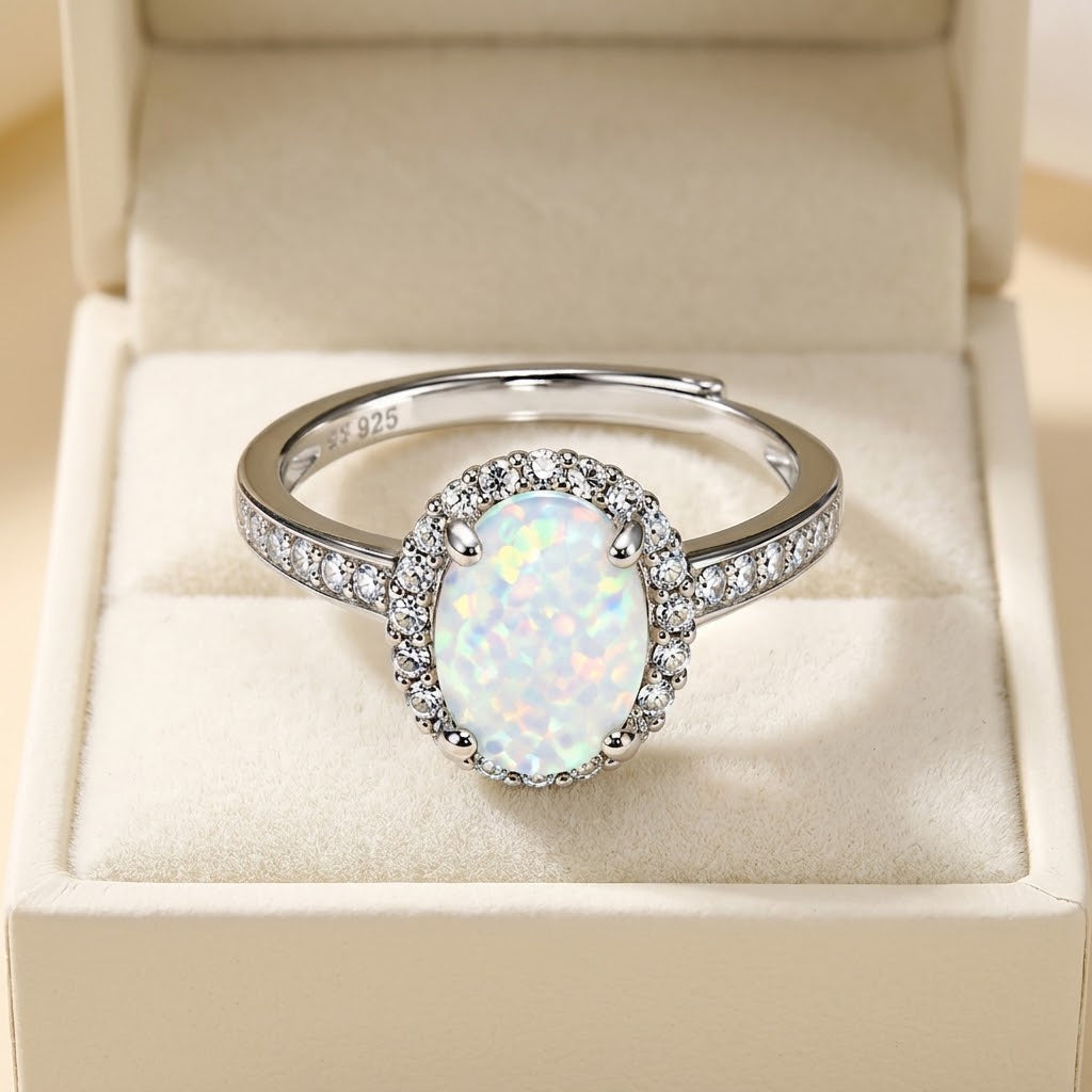A silver-toned ring with a large oval iridescent white opal center stone and a halo of small clear stones, displayed inside a cream-colored jewelry box.