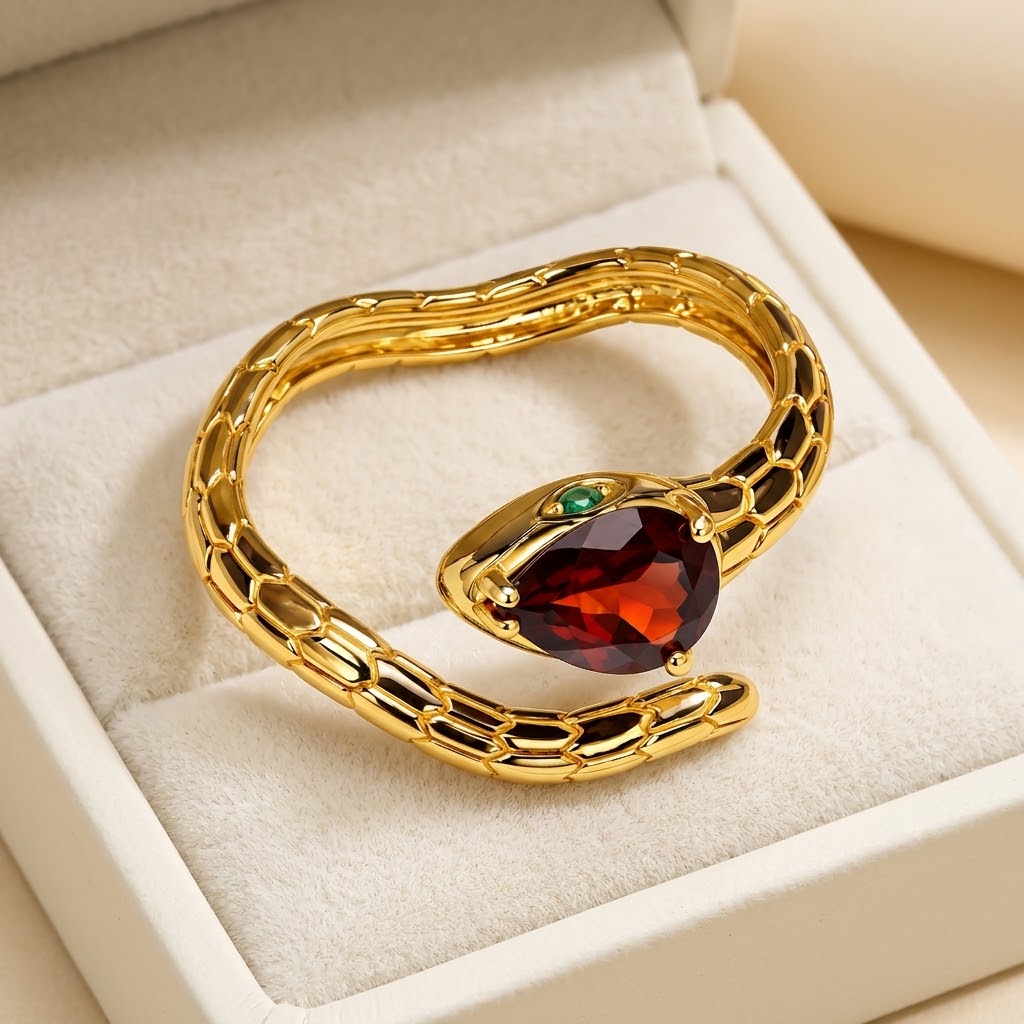 A gold snake-shaped ring with a faceted dark red gemstone head, a small green gemstone, and black enamel details, displayed inside a cream-colored jewelry box.