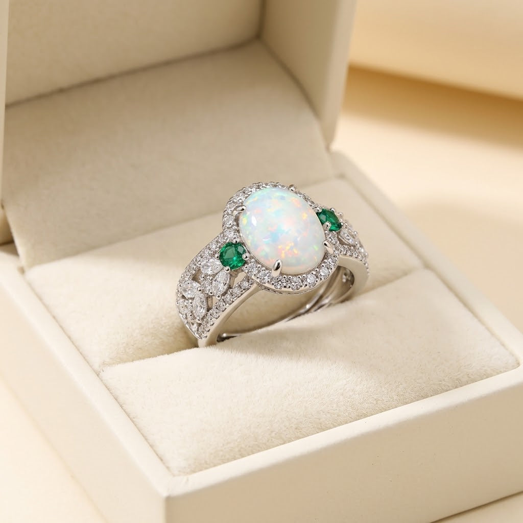 A silver-toned ring with an oval white opal center and two green emerald side stones, displayed in an open cream-colored jewelry box.