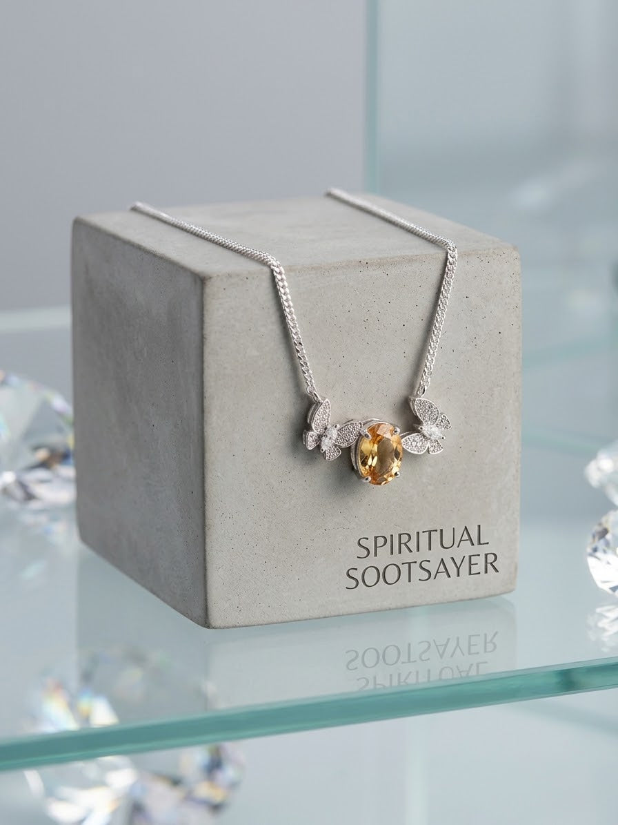 A silver-toned Spiritual Sootsayer necklace with a central amber-yellow crystal pendant, draped over a light gray concrete display box on a glass surface.