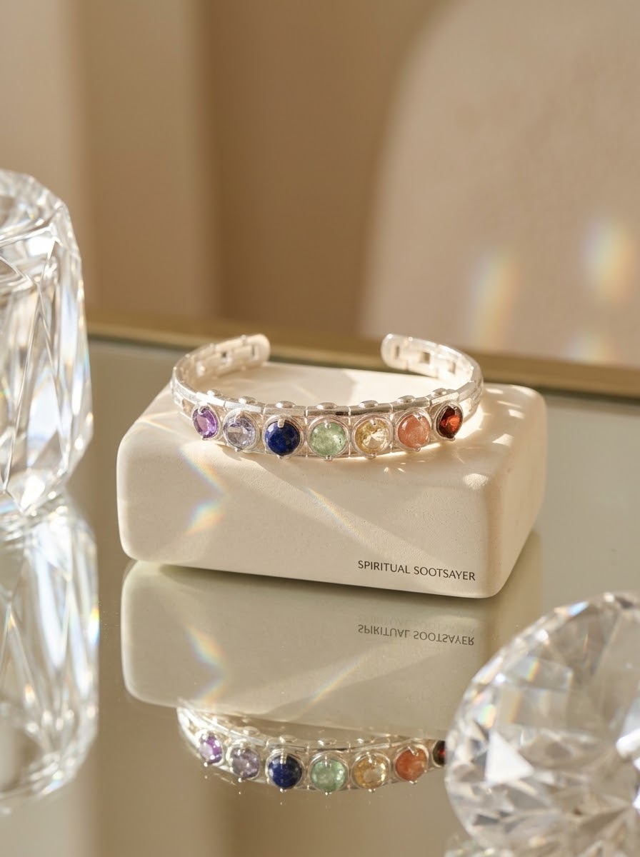 A silver-toned cuff bracelet with a row of multicolored gemstones sits on a cream-colored display block. The bracelet is styled on a reflective surface with crystal props and a warm beige background.