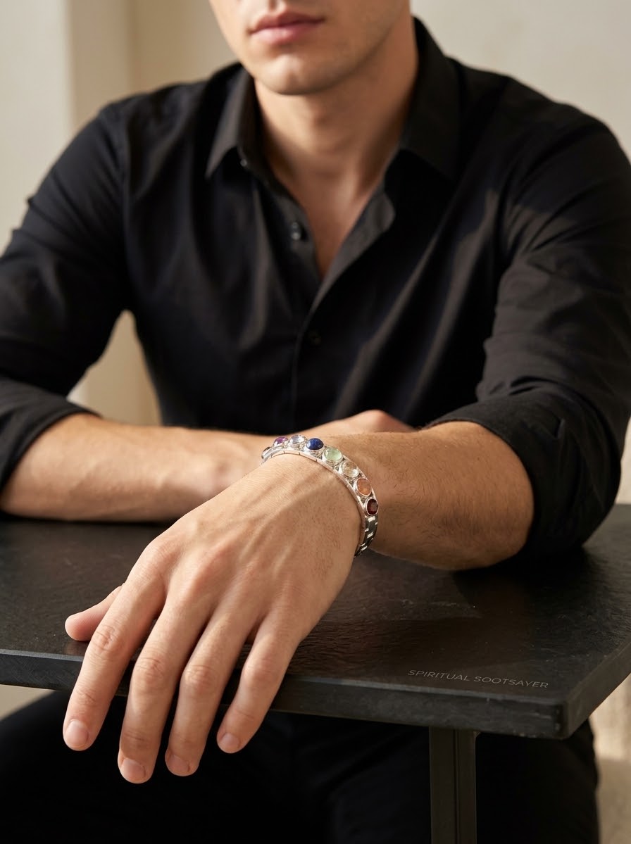 A man wearing a silver-toned beaded bracelet with colorful gemstone accents, resting his arm on a dark table while wearing a black button-down shirt.