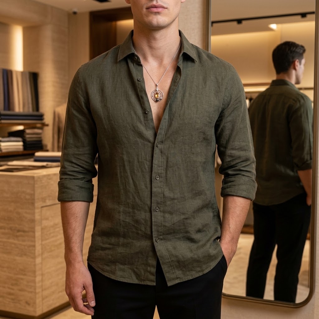 A man wearing a dark olive green linen button-down shirt with rolled-up sleeves, paired with black pants, standing in a modern clothing store with a mirror reflecting his back.