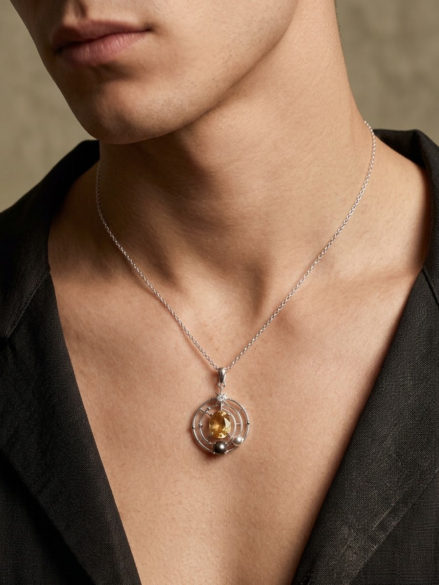 A close-up of a model wearing a delicate silver chain necklace with a circular pendant featuring a central amber-yellow gemstone and textured silver details.