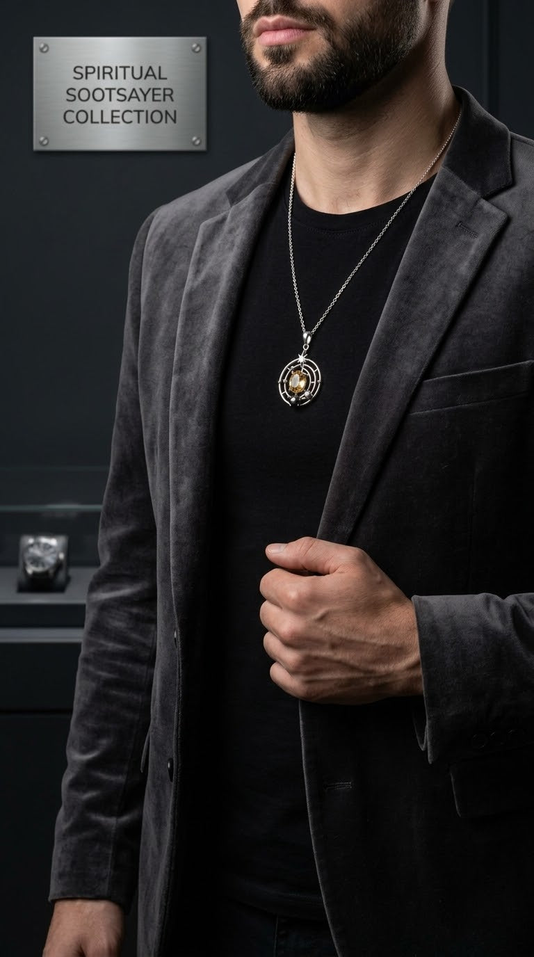 A man wearing a dark gray velvet blazer over a black t-shirt, showcasing a silver chain necklace with a circular pendant. A silver badge in the top left corner reads 'SPIRITUAL SOOTSAYER COLLECTION'.