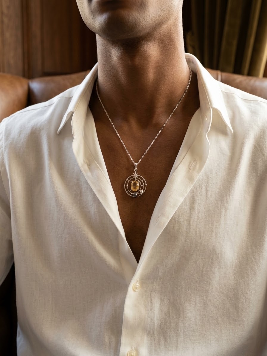 A close-up of a man wearing a silver chain necklace with a circular pendant featuring a gold-toned central medallion, styled with an open white linen shirt.