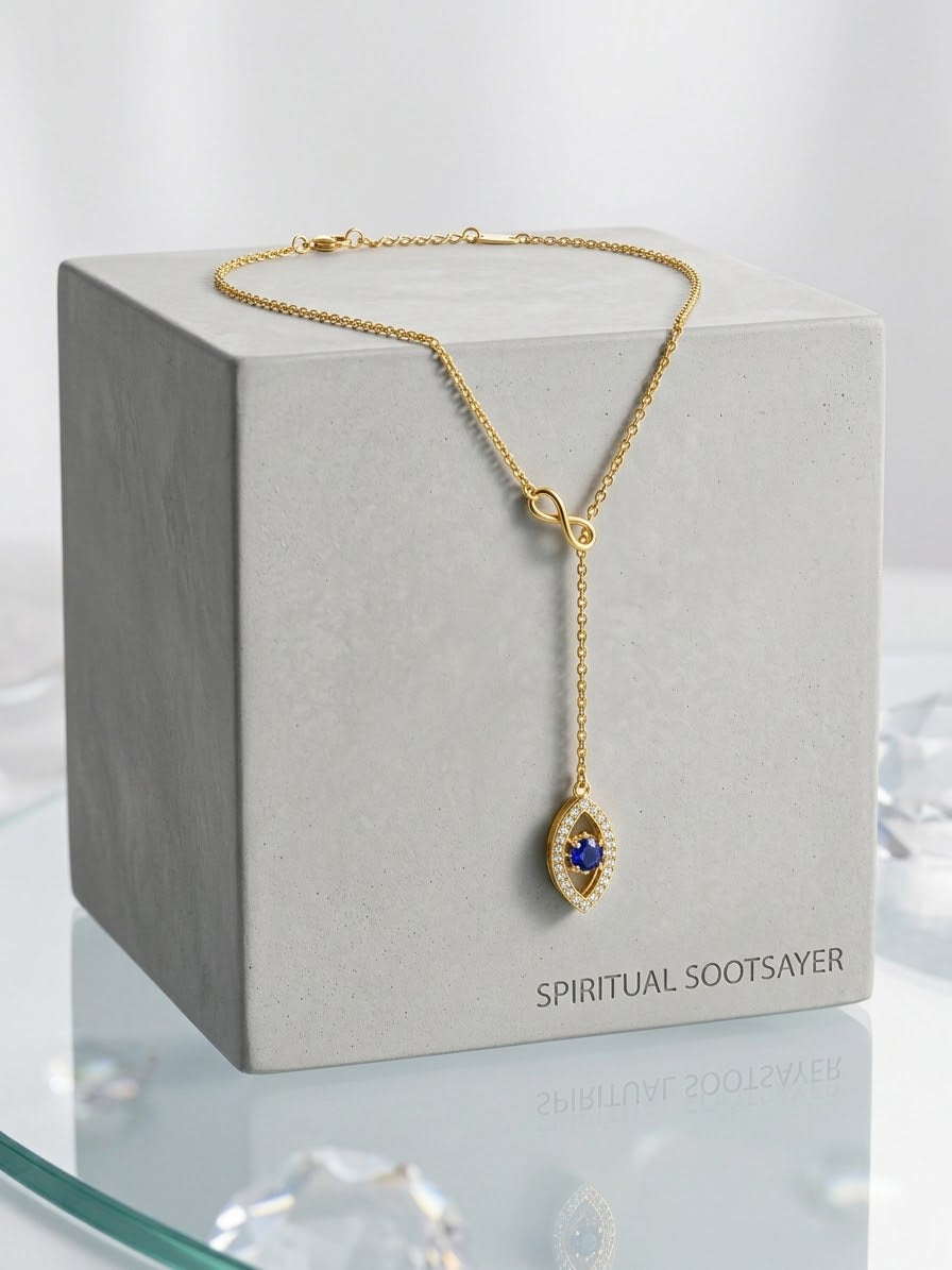 A gold-tone lariat-style pendant necklace with a blue and white eye motif, displayed draped over a light gray branded box labeled 'SPIRITUAL SOOTSAYER'.