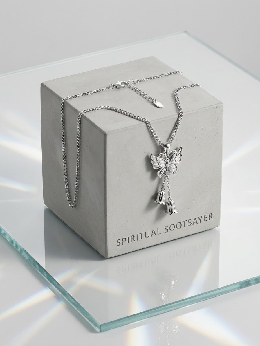 A silver-toned necklace with a butterfly and dangling floral charms is draped over a light gray cube display box labeled 'SPIRITUAL SOOTSAYER.' The setup is photographed on a reflective glass surface with soft studio lighting and no person or real environment visible, so this is Product/Packaging rather than Lifestyle.