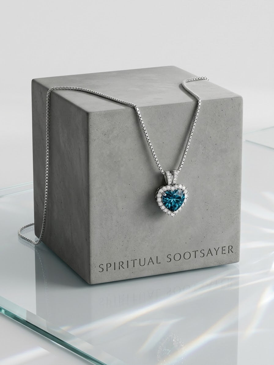 A heart-shaped blue gemstone pendant necklace with a silver chain, draped over a gray concrete display block. The pendant is surrounded by small clear stones, and the block is branded 'SPIRITUAL SOOTSAYER'.