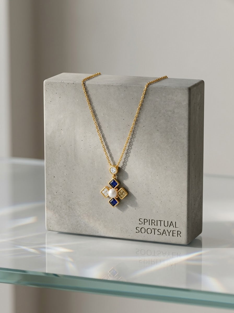 A gold chain necklace with a geometric pendant featuring blue and white stones, displayed on a gray concrete block labeled 'SPIRITUAL SOOTSAYER'.