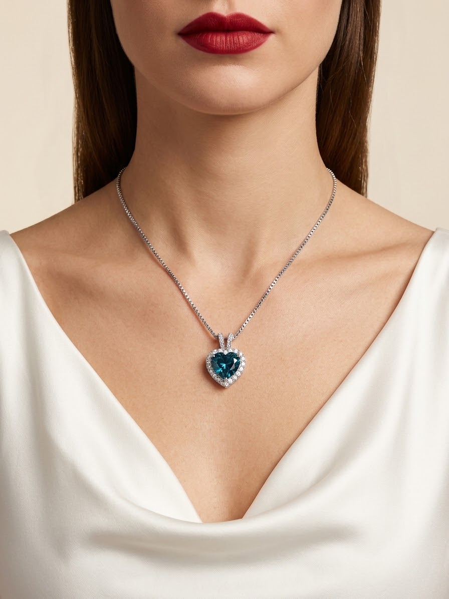 A close-up of a model wearing a silver chain necklace with a heart-shaped blue gemstone pendant, styled with a white satin top against a warm beige background.