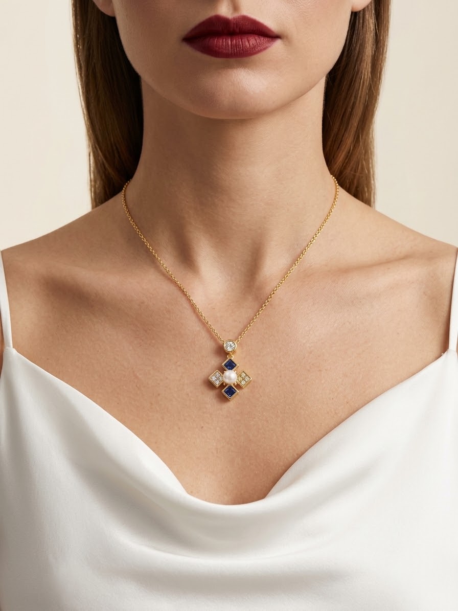 A close-up of a model wearing a delicate gold necklace with a geometric cross pendant featuring white and dark blue stones, paired with a white satin top.