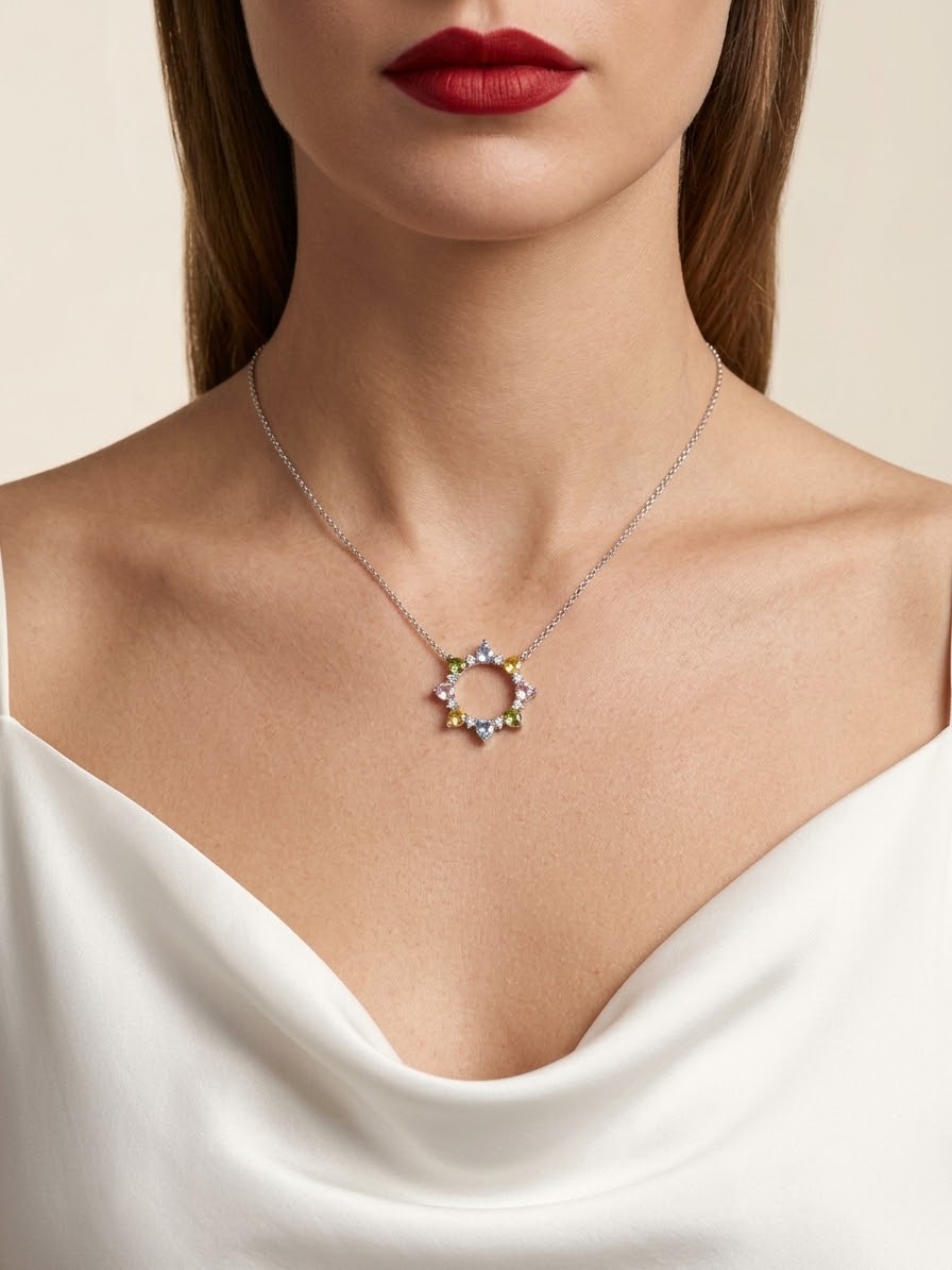 A close-up of a model wearing a delicate silver necklace with a circular pendant adorned with small multicolored gemstones, paired with a white satin top.
