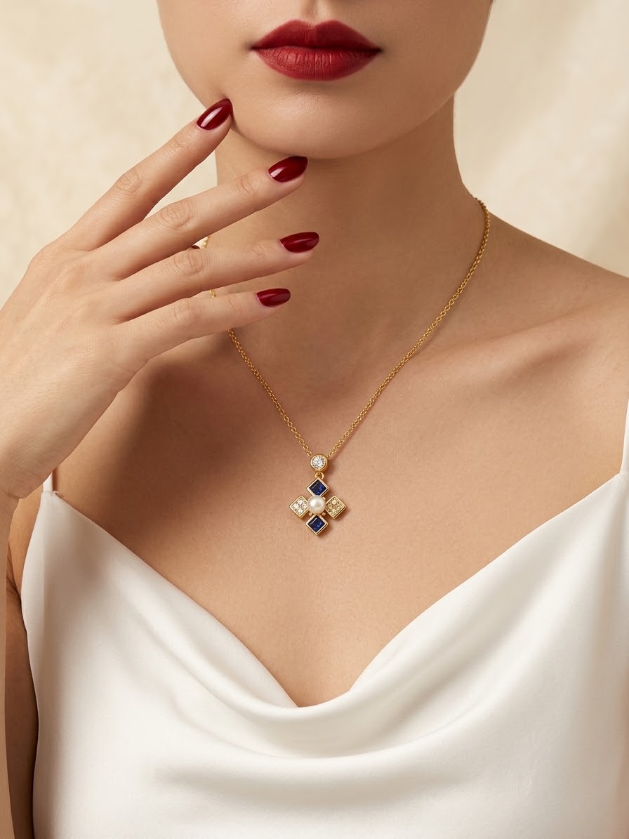 A close-up of a model wearing a delicate gold necklace with a cross-shaped pendant featuring blue and white stones, paired with a white satin top and dark red nail polish.