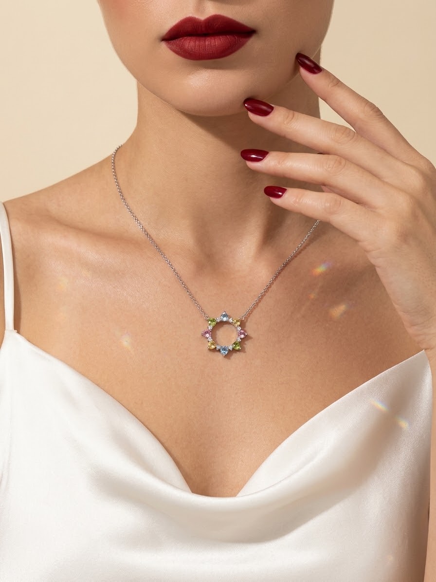 A close-up of a model wearing a delicate silver chain necklace with a circular pendant adorned with small, colorful gemstones. The model is wearing a white satin top and has dark red lipstick and nail polish, set against a warm beige background with soft light flares.