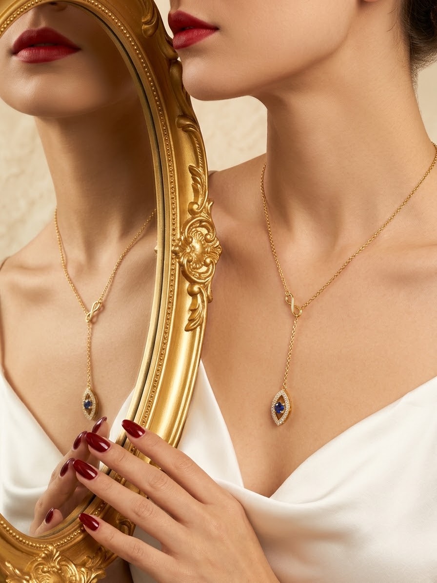 A close-up lifestyle shot of a model wearing a delicate gold lariat necklace with a teardrop-shaped blue and red gemstone pendant. The model is holding an ornate gold mirror, which reflects the necklace.