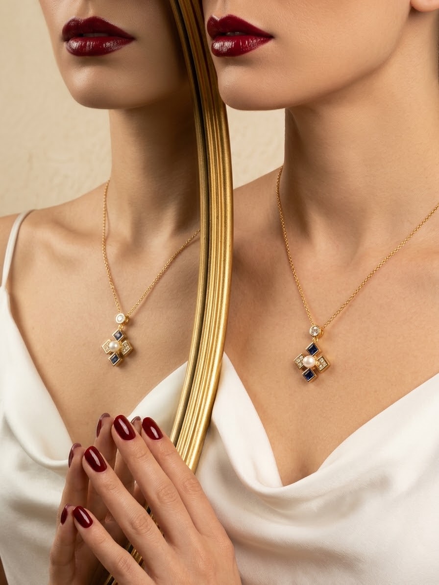 A close-up lifestyle shot of a model wearing a gold necklace with a geometric pendant featuring white pearls and dark blue stones. The model is wearing a white satin top and has dark red lipstick and nail polish, with her reflection visible in a gold-framed mirror.