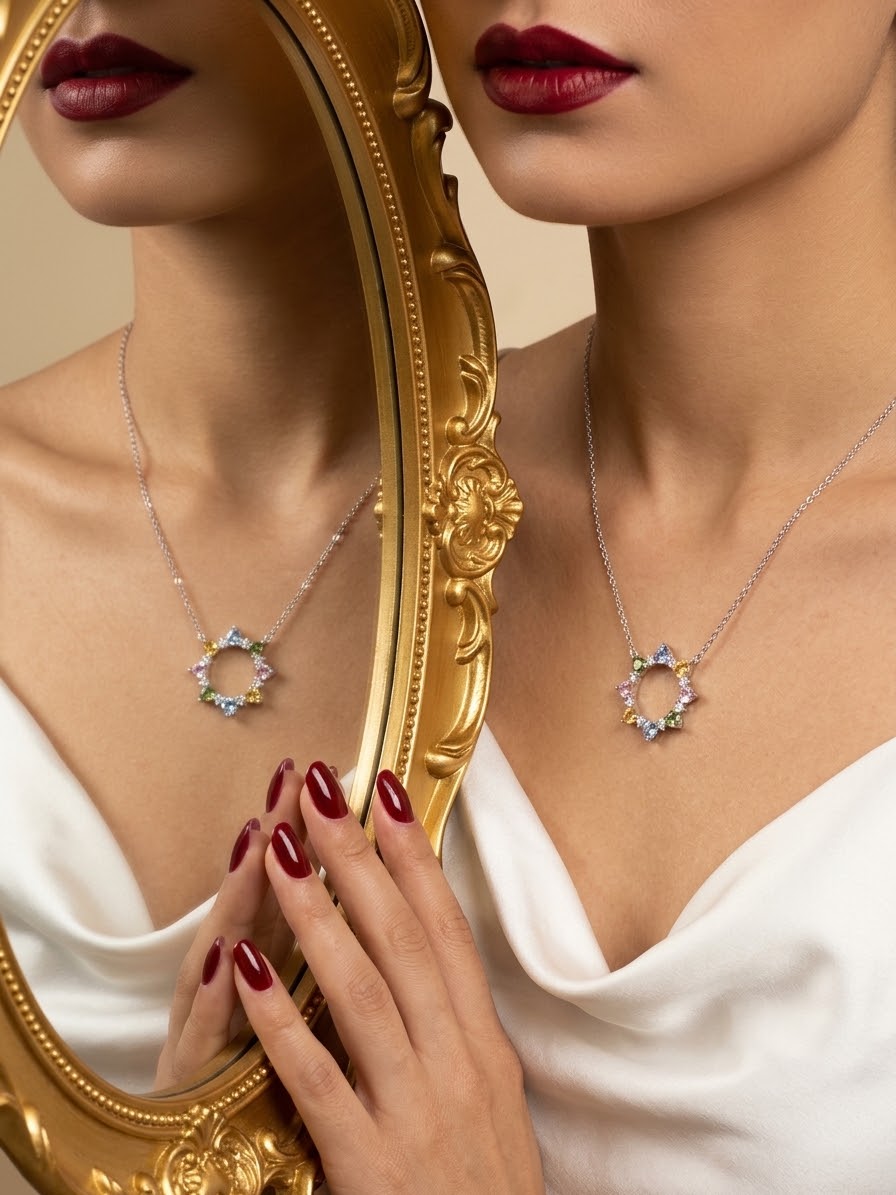 A close-up lifestyle shot of a model wearing a silver-toned necklace with a circular halo pendant set with iridescent, multi-colored gemstones. The model is wearing a white satin top, dark red lipstick, and has dark red manicured nails, posing in front of an ornate gold mirror that reflects her image.