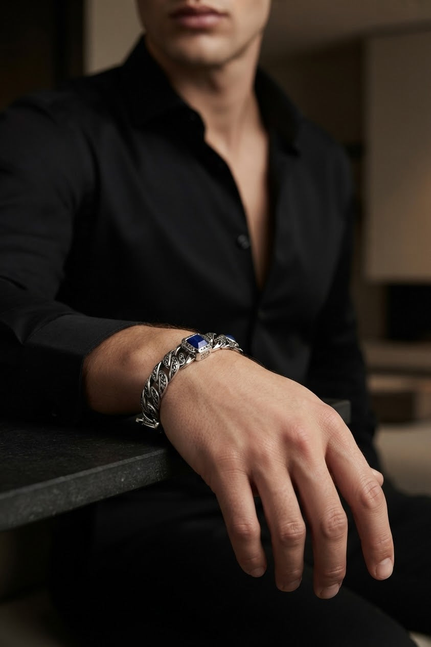 Midnight Azure Lapis Lazuli 925 Sterling Silver Men’s Bracelet