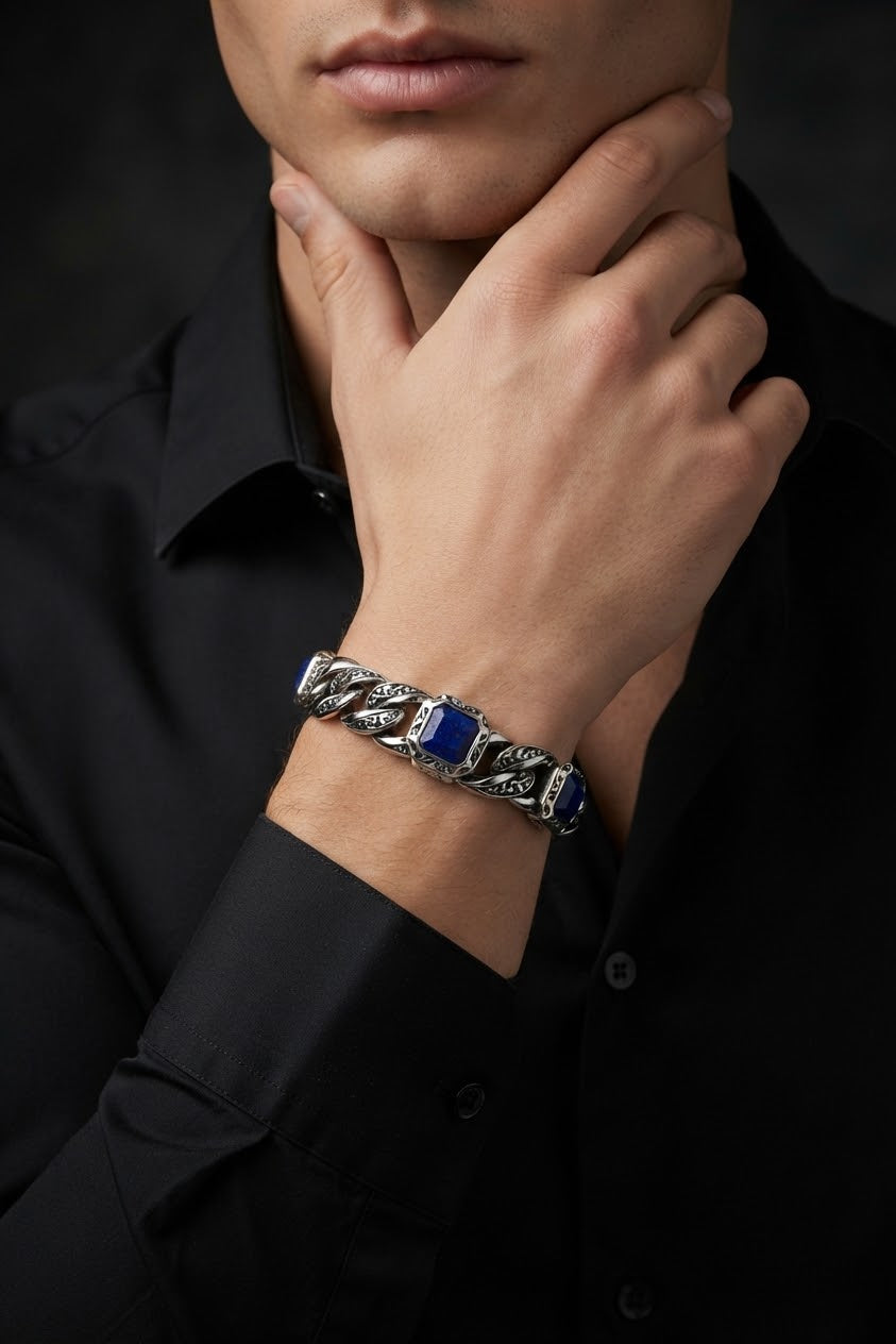 Midnight Azure Lapis Lazuli 925 Sterling Silver Men’s Bracelet
