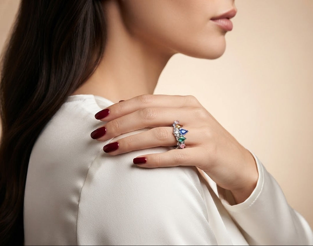 Celestial Harmony Multi Crystal 925 Sterling Silver Women’s Ring