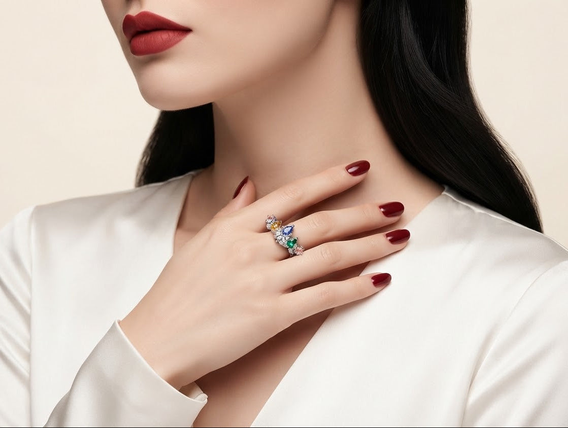 Celestial Harmony Multi Crystal 925 Sterling Silver Women’s Ring
