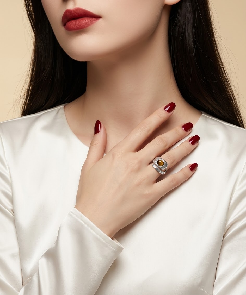 A close-up of a woman wearing a silver ring with a round yellow gemstone, shown on her hand as she rests it on her chest. She is wearing a white satin top and has dark red nail polish against a warm beige background.